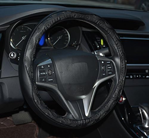 Rueesh Microfiber Leather Car Steering Wheel Cover, Soft Padding, Durable, No Smell, Universal 15 Inch Steering Cover, Anti-slip Embossing Pattern B, Black with Black Line