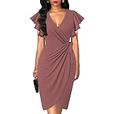 oten Womens Deep V Neck Ruffle Sleeve Sheath Casual Cocktail Party Work Faux Wrap Dress