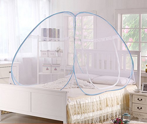 Pindia Mosquito Net Double Bed foldable White (Blue Border)