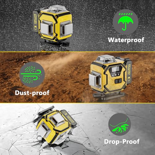 Laser Level 360 Self Leveling, 16 Lines 4×360° Green Pulse Mode Levels for Floor Tile Wall Picture Hanging Construction, 4D Leveler Outdoor Tool with 2 Rechargable Batteries Hard Carry Case