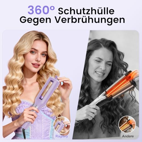 22/25/32/38 mm Adjustable Wave Iron for Hair - 4-in-1 Beach Waves Curling Iron, 3 Barrels Curling Irons with Display, Burn Protection, Fast Heating, 4 Temperatures (140-210°C), Purple