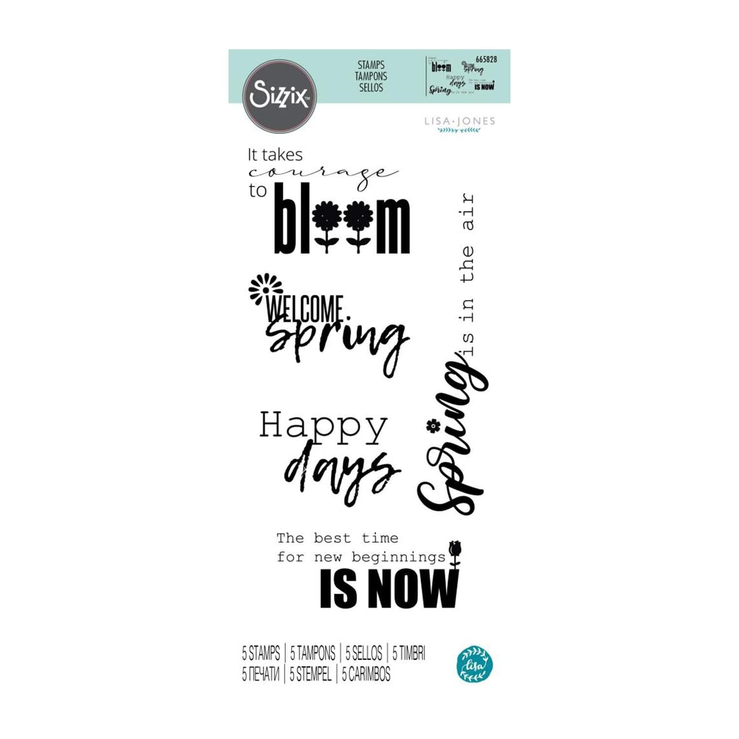 Sizzix Clear Stamps Set 5PK Spring Sentiments by Lisa Jones, 665828, One Size