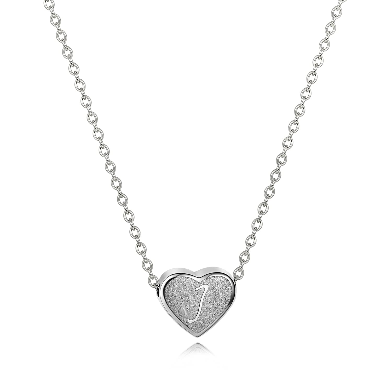 CHENGMEN Initial Necklace Alphabet Letter J Engraved Tiny Cute Matte Heart Pendant White Gold Plated Stainless Steel Silver Necklaces Unique Jewellery for Women Girls