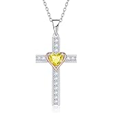 Calliora Birthstone Cross Necklace for Women, 925 Sterling Silver Heart Cross Pendant Necklace, Fine Cross Jewelry Birthday Anniversary Mother's Day Gifts for Her Mom Wife, 18"+2" Adjustable