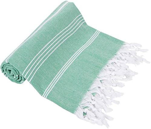 ATS STORE Eco Friendly Turkish Towel, Peshtemal, Fouta Ultra Soft Fast Drying Multi Purpose Striped Blanket, Beach &amp; Bath Towel Turkish Cotton (GREEN &amp; WHITE)