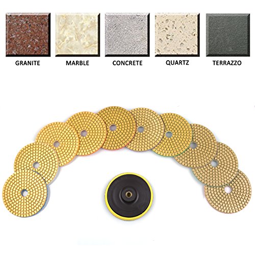 ADVcer Wet Diamond Polishing Pads Set, 4" 10 Pads 50 to 3000 Grit with Hook and Loop Backing Holder Disc - Ideal Buffing Kit for Granite Concrete Marble Stone Countertop Tile Floor Grinder or Polisher