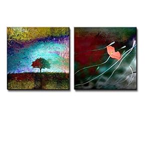 Wall26-2 Piece an Electric View of a Lone Tree in a Field and a Flower Surrounded by Stems - Canvas Art Home Art - 12x12 inches
