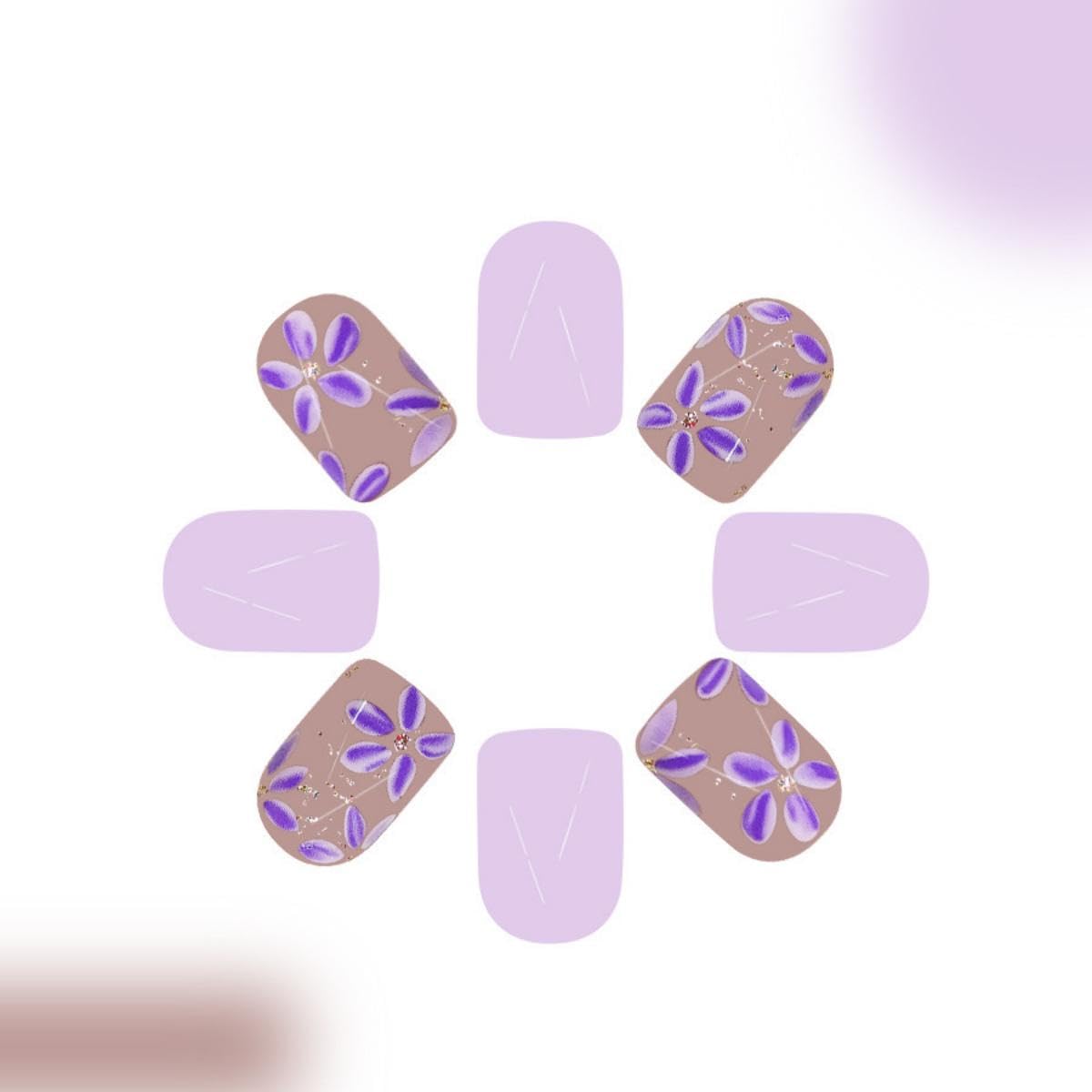 Purple Press on Nails Short Square Fake Nails with Lilac Flower Design Floral Glue on Nails Glossy Glitter Spring Nails Reusable Summer False Nails for Women Girls Daily Wear Manicure 24pcs - Image 3
