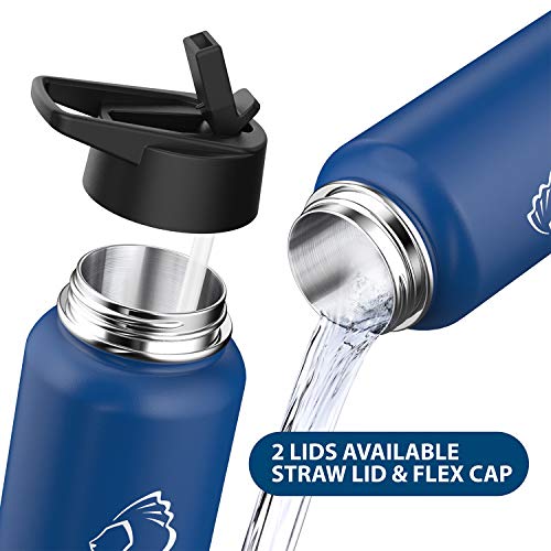 BUZIO Stainless Steel Water Bottle (Cold for 48 Hrs, Hot for 24 Hrs), 40 oz Vacuum Insulated Water Bottle with Straw Lid and Flex Cap (Double Wall, Wide Mouth, BPA Free, Leak Proof), Cobalt