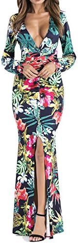 Hawaiian Casual Dresses For Women, Bohemian Dress Casual, Hipster Long Sleeve Sexy V Neck Bohemian Bodycon Maxi Dress - Small