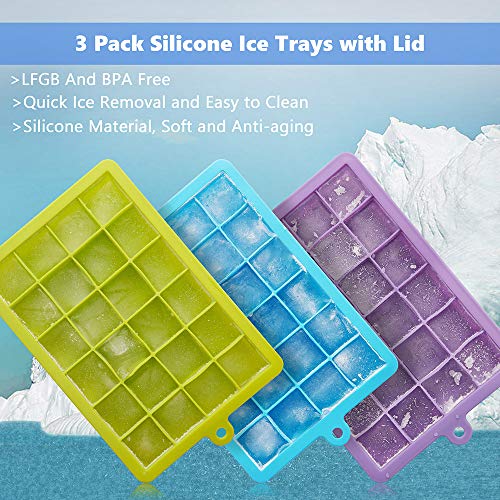 Ice Cube Trays, 3 Pack Silicone Ice Tray with Lid, EasyRelease and