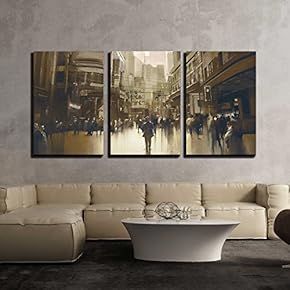 3 Piece Canvas Wall Art - People on Street in City,Cityscape Painting with Vintage Style - Modern Home Art Stretched and Framed Ready to Hang - 16"x24"x3 Panels