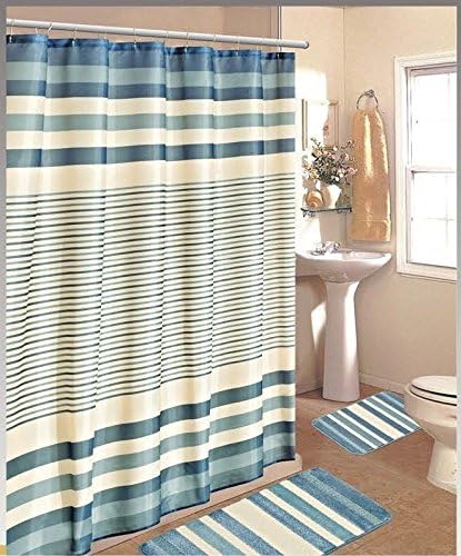 15pc Blue Beige Stripe Bathroom Bath Mats Set Rug Carpet Shower Curtain Hooks