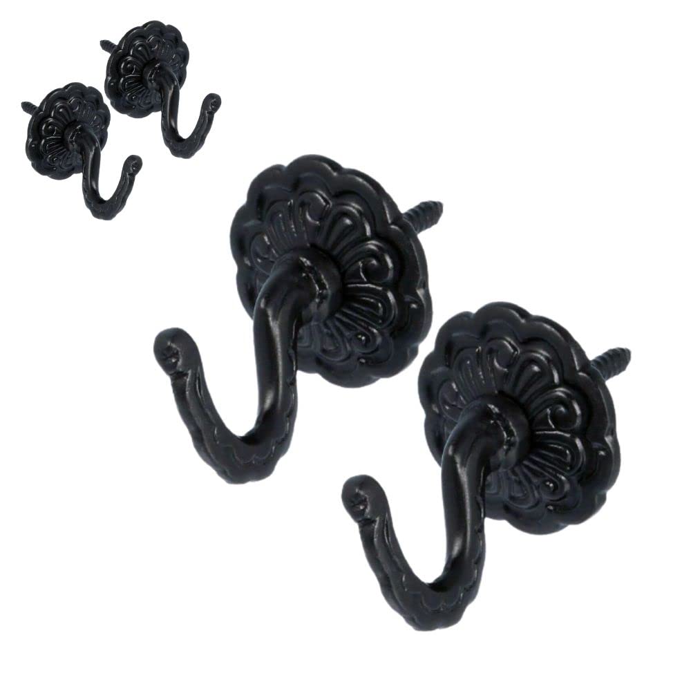 Black Curtain Tie Back Hooks - Modern & Classic Designs, Screw In Tassel Hold Rosette Hooks (U Shaped) - Pack of 2