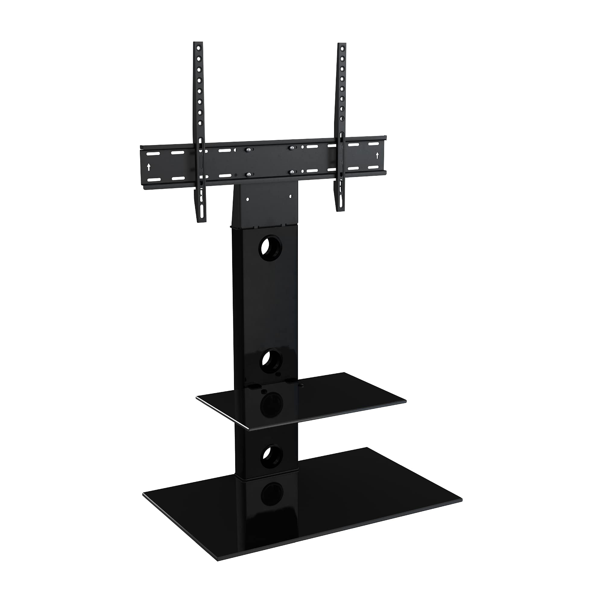 MAHARA Universal Column TV Stand - for 32-65 inch TVs-Freestanding black tall floor stand with black glass shelves and cable management-Height adjustable and suitable for corners-Max Weight 40kg