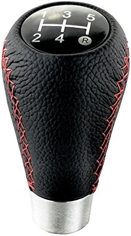 LUNSOM Gear Lever for Car Automatic Gear Shift Knob Manual 5 Speed Red Stitch Leather Shifter Handle Knobs Stick Shifting Head with Adapter