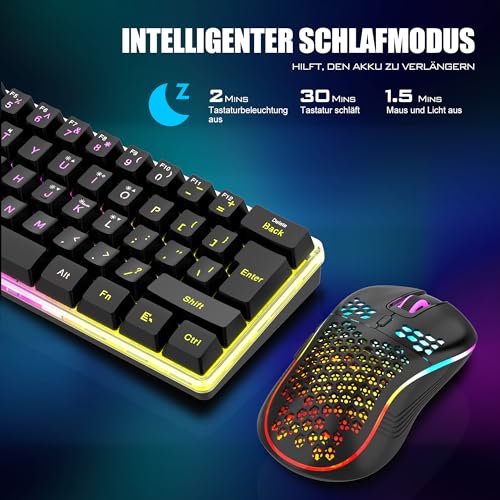 RedThunder 60% Wireless RGB Gaming Keyboard and Mouse Set, QWERTZ DE Layout, Rechargeable Wireless Keyboard with Ultralight Gaming Mouse with Honeycomb Construction, for PC Mac PS5 Xbox Gamer, Office