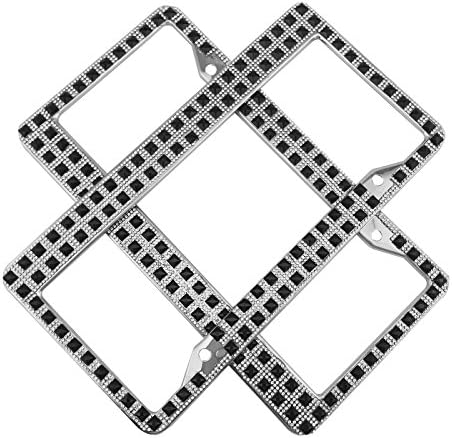 Set of 2 BMW Jeep Wrangler Car License Plate Frame Holder Cover Bracket For Women Girl Silver Black Bling Diamond Sparkle Rhinestone Stainless Steel Metal Chrome Chains with Screw (2 Pack 12.2”x 6.3”)