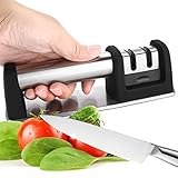 Knife Sharpener, ISUDA Diamond Knife Sharpener for Steel Knives in All Sizes-Household Sharpener with 2 Stage Coated Sharpening System,Coarse & Finely Ground,Black