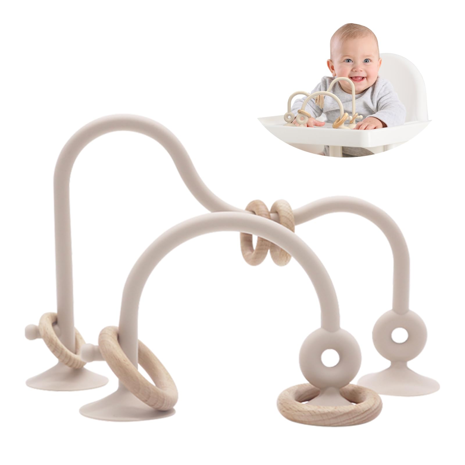 zeeloopbee Baby Teething Toy, High Chair Toys with Suction Cups for Infant Toddlers 10-12M+, Silicone Baby Teether Toys, Montessori Sensory Highchair Toy, Suction Toys for Babies 12-24M (Beige)