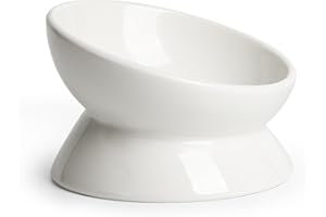 YauYik Cat Bowl Elevated Tilted - Ceramic Raised Cat Food Bowl for Cats and Small Dogs - 6 Inches Stress Free Whisker Friendly Pet Dish, Anti Vomit & Reduce Neck Burden Feeding, White, 10 Oz