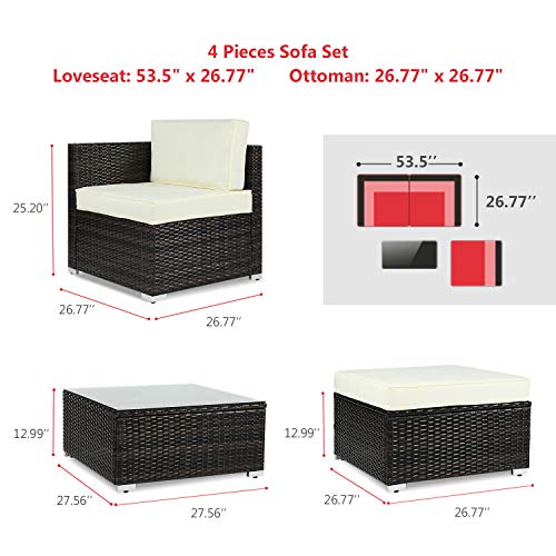BAHOM Outdoor Patio Conversation Sofa Set 4 PC, All-Weather Wicker Chair and Ottoman Set for Patio, Backyard, Poolside and Balcony