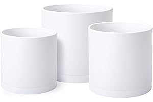 D'vine Dev 6 Inch 6.5 Inch 8 Inch, Set of 3 Plastic Planter Pots for Plants with Drainage Hole and Seamless Saucers, White Color, Medium, 74-V-A-3