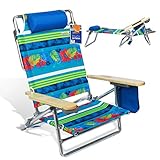 Portable Folding Beach Chair 5 Position Lay Flat Reclining with Extra Wide Seating Area Cup Holder and Storage Pouch Lightweight Aluminum Frame for Camping Hiking