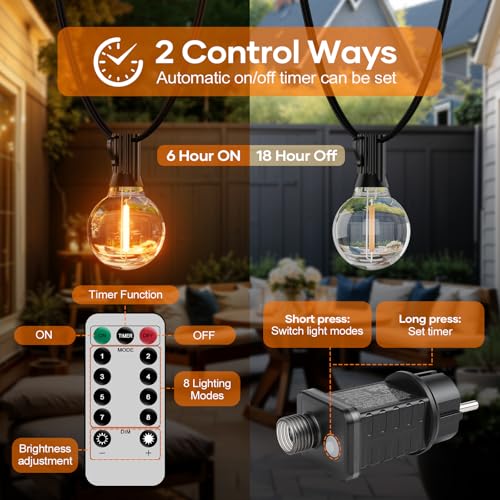 Hoteril Outdoor Garden Light Chain - 30 m, G40 Outdoor Light Chain - 42 + 2 Bulbs, Colour Temperature 2200 K, Plug Powered, Ideal for Garden Arbor, Gazebo, Balcony, Camping