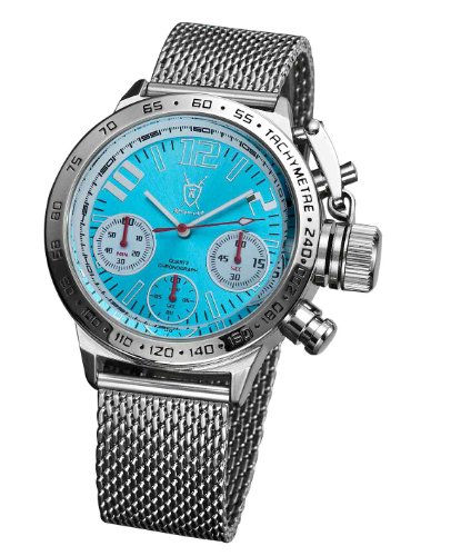 Konigswerk Stylish Mens Watch Chronograph Silver Tone Mesh Bracelet Blue Dial Euro Design AQ100124G