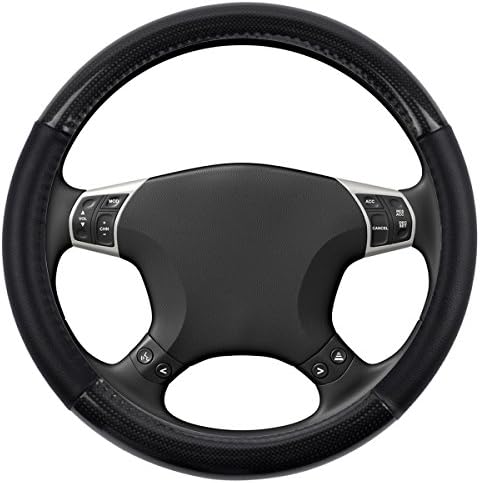 KM World Black 14.5-15 Inch PU Leather and Carbon Design Steering Wheel Cover With Precise Hand Placements, Fits Ford F150/F250
