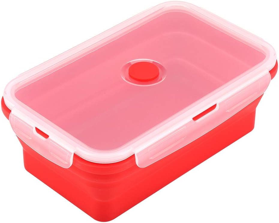 1200ml Foldable Silicone Bento Box, Collapsible Lunch Box, Rectangle Microwave Food Container, Portable Folding Lunchbox (Red)