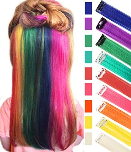 9PCS Girls Hair Accessories Party Highlights Colorful Clip in Synthetic Hair Extensions，Straight Long Hairpieces (Rainbow)