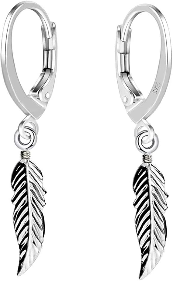 French Hook Earrings with Feather 925 Sterling Silver for Men and Women