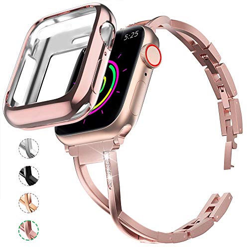 Marge Plus Compatible with Apple Watch Band 38mm 40mm with Case, Women Bling Wristband for iWatch Series 5 4 3 2 1 Metal Stylish Strap, Rose Gold