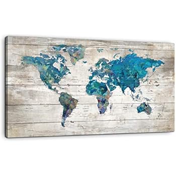 Yiijeah Abstract Watercolor Blue World Map Canvas Wall Art Prints for Living Room Office Large Teal White Watercolor World Map Picture Framed Artwork Decor for Home Bedroom Decoration