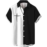 Mens Plus Size Shirts Christian Cross Graphic Short Sleeve Casual Button Down Shirt Color Block Vacation Hawaiian Top