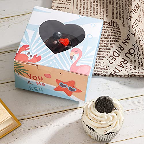 VGOODALL 14 PCS Summer Style Bakery Boxes Cupcake Containers with Window Cupcake Gift Boxes, 18M Linen Ribbon for Bakery Wrapping Party Favor Packing