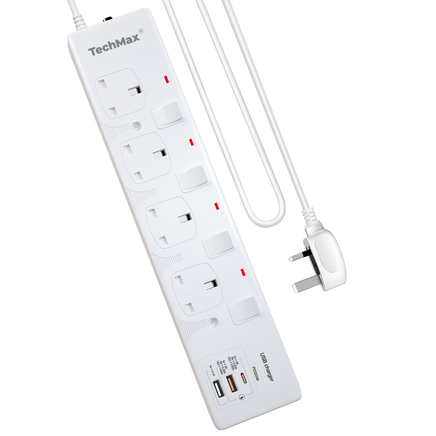 TechMax Extension Lead With USB Slots - 4 Way Extension Lead 2m With 2 USB Port And 1 Type C Port — image 1