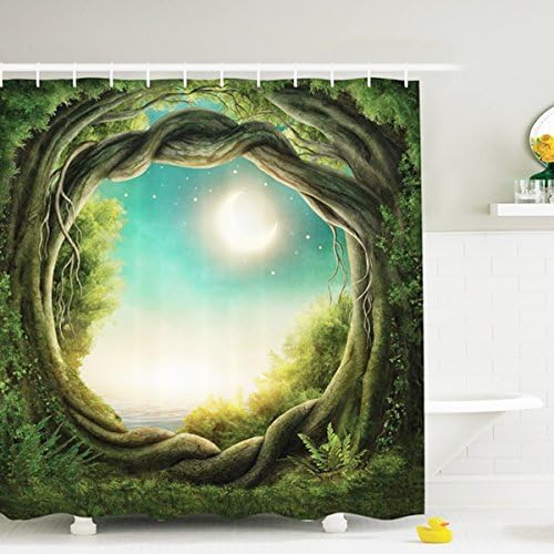 NALEDI Green Forest Moon Digital Printing Polyester Shower Curtain Waterproof Mildew Creative Bath Curtain Bathroom Decor 71*71inch
