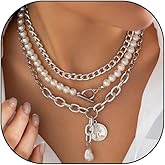 Gold Chunky Pearl Necklace for Women,Layered Stackable Metal Chain Pearl Beaded Choker,Trendy Portrait Pendant Short Necklace Cocktail Jewelry