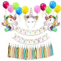 Unicorn Balloons Birthday Girl Decorations-Party Decor Unicorn Birthday Party Supplies for Kit Included Happy Birthday Banner, Colorful Balloons, Unicorn Crown，Hanging Paper Flowers for Girls Birthday