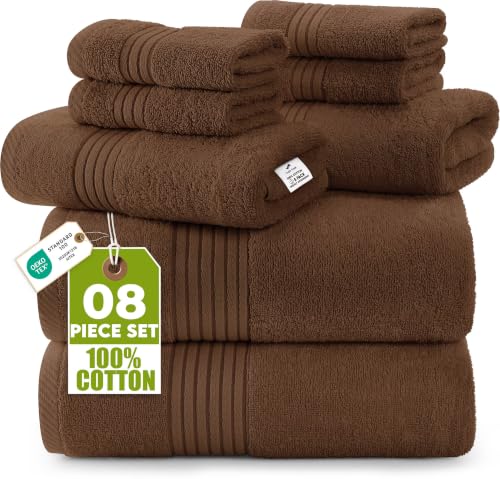 Utopia Towels - 600 GSM 8-Piece Premium Towel Set, 2 Bath Towels, 2 Hand Towels and 4 Washcloths -100% Ring Spun Cotton - Machine Washable, Super Soft and Highly Absorbent (Dark Brown)