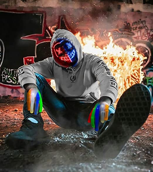 STONCH Halloween Glow Mask Skeleton Gloves Set, 3 Modes Light Up Scary LED Mask with LED Glow Gloves, Halloween Costumes glow purge Masks