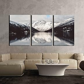 3 Piece Canvas Wall Art - Snow Mountain with Reflection in The Lake - Modern Home Art Stretched and Framed Ready to Hang - 16"x24"x3 Panels