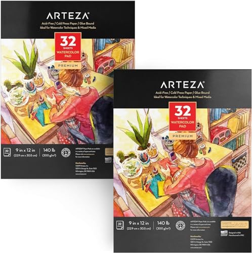 ARTEZA Watercolor Paper Pads, Pack of 2, 9 x 12 Inches, 140 lb / 300 GSM, Cold…