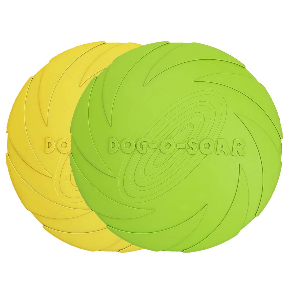 Vivifying Dog Frisbee, 2 Pack 7 Inch Natural Rubber Floating Dog Frisby Flying Saucer for Both Land and Water (Green + Yellow)