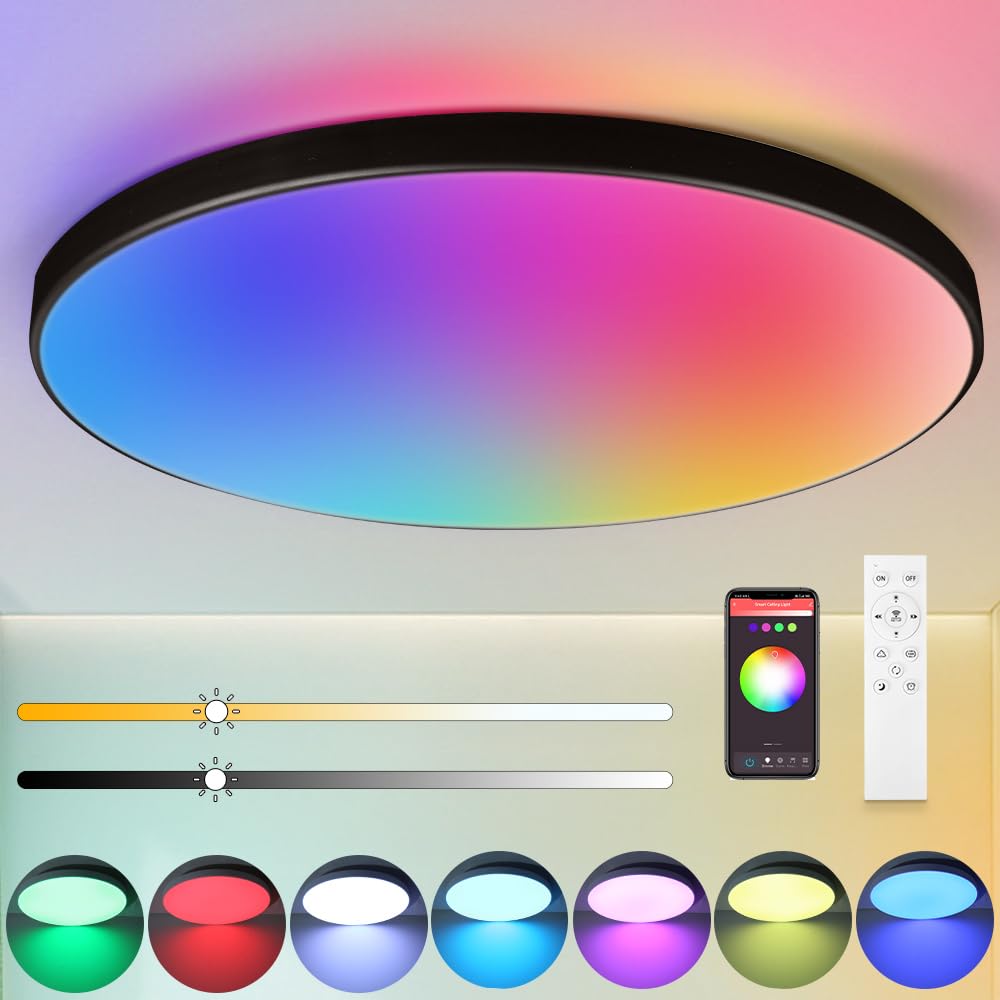 CANMEIJIA LED Ceiling Light IP44, 12 Inch 24W Smart Ceiling Lights RGB Dimmable with Remote Control Bathroom Lights 3000-6500K 2520LM for Living Room Bedroom Kitchen Hallway Round,Black
