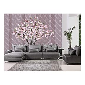 Pretty Cherry Blossom Tree on a Striped and Floral Patterned Background - Wall Mural, Removable Sticker, Home Decor - 66x96 inches