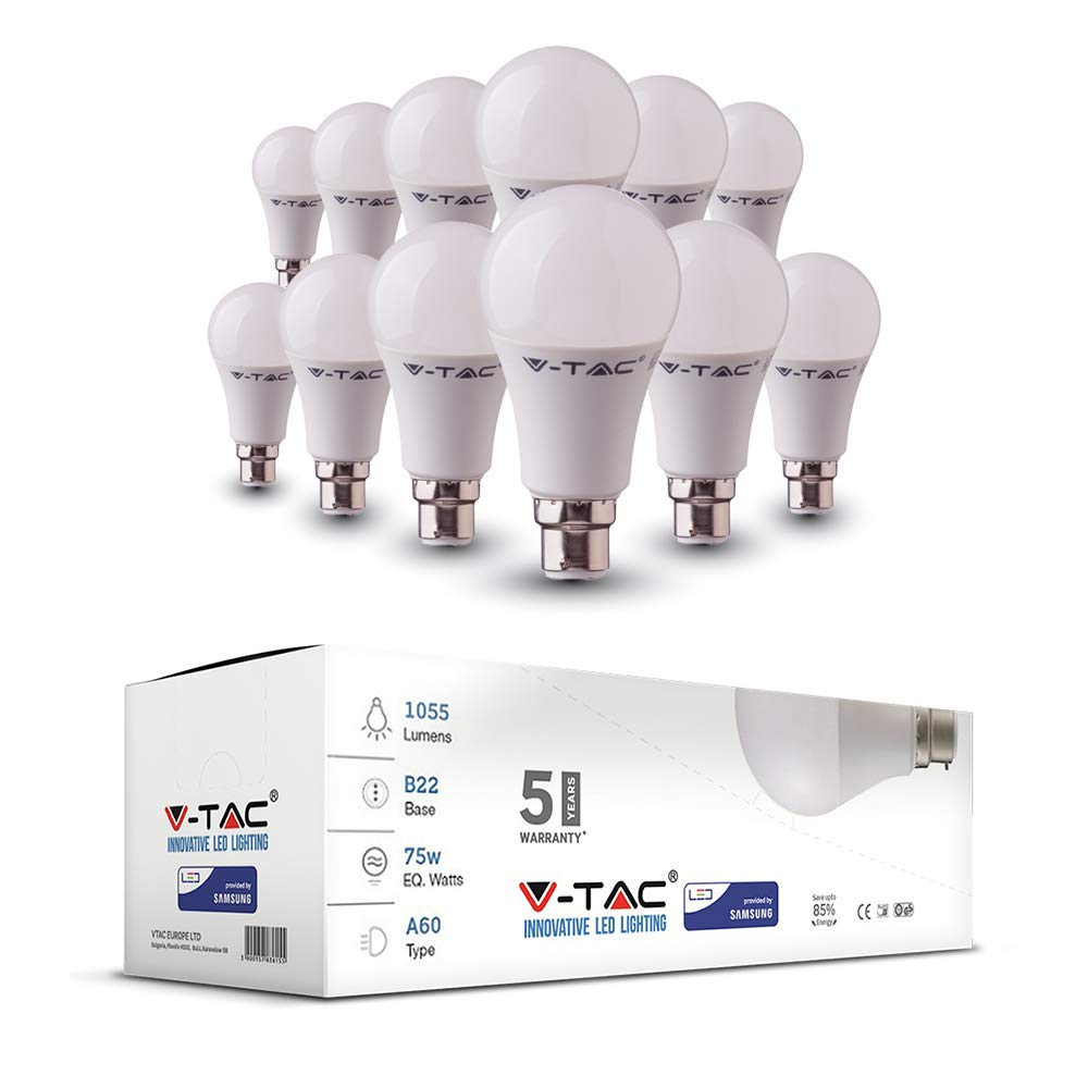 V-TAC B22 LED Light Bulb Bayonet | 11W Equivalent to 75W | Classic Shape Non Dimmable 3000K Warm White | Pack of 12, VT-231